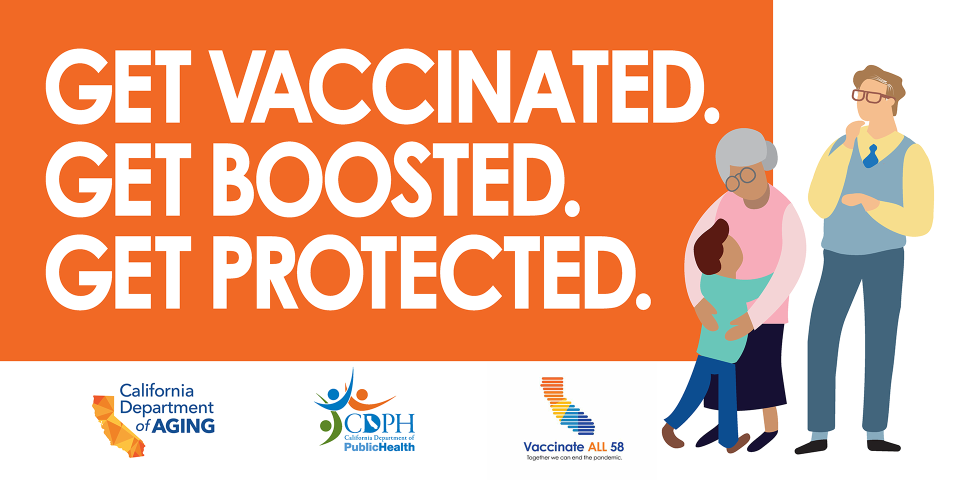 Get Vaccinated. Get Boosted. Get Protected. White words on orange background with three individuals on the right side of the image.